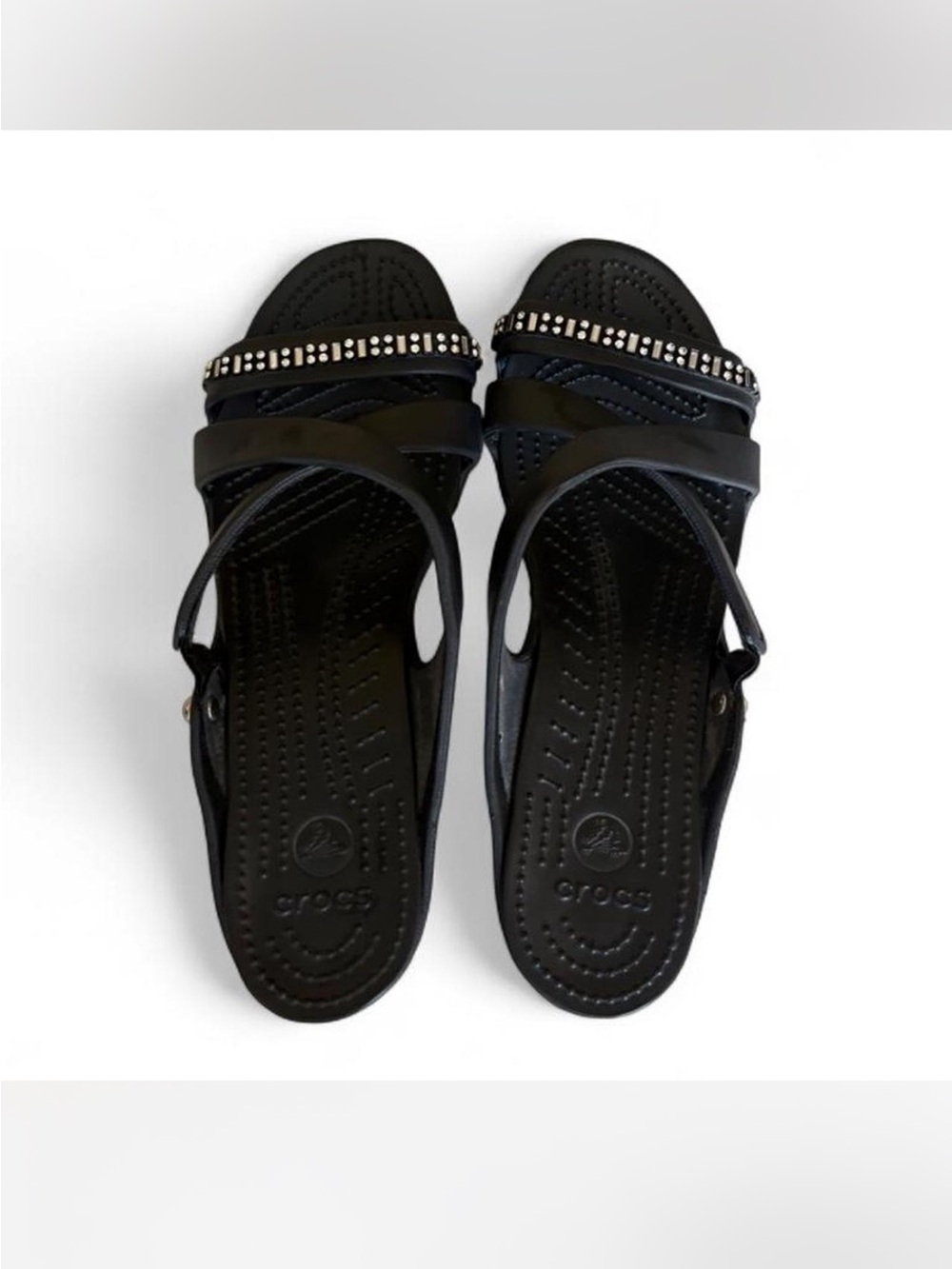 CROCS Black Jeweled Strappy Heeled Sandals - Picture 5 of 8
